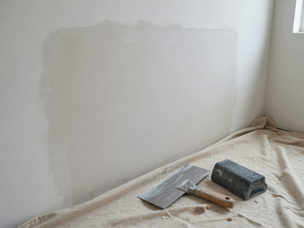 Drywall patch in progress with taping knife and sanding block
