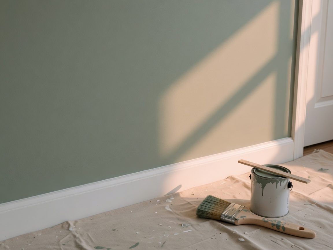 Fresh sage-painted wall with crisp white trim