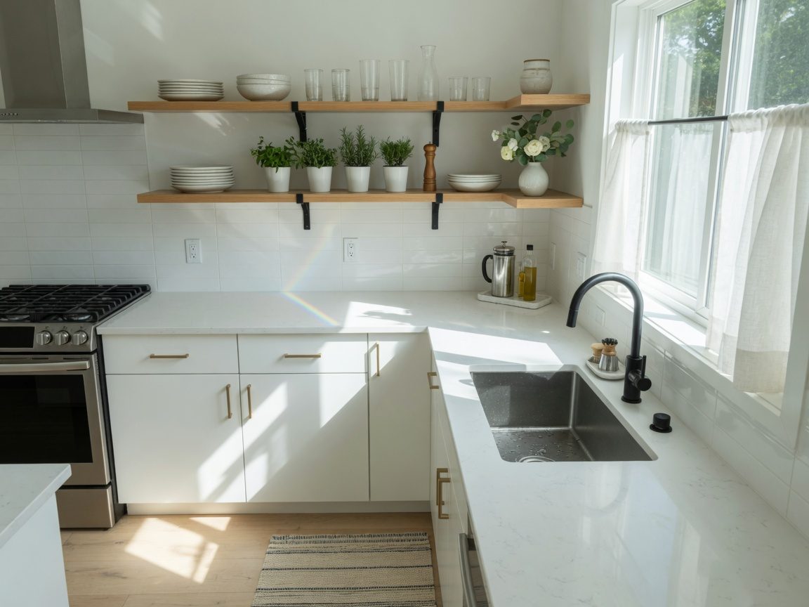 Sunlit kitchen with clean counters and open shelves